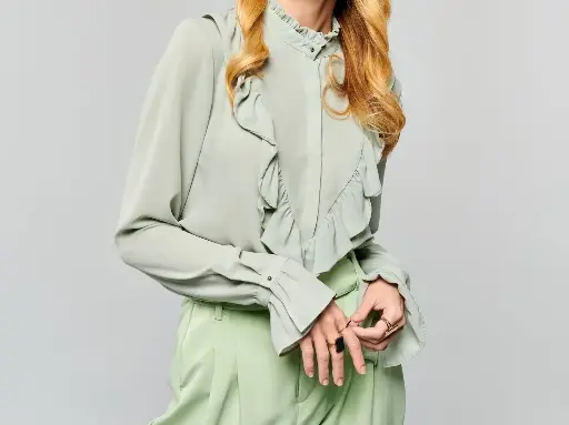Button-Front Ruffled Collar Blouse